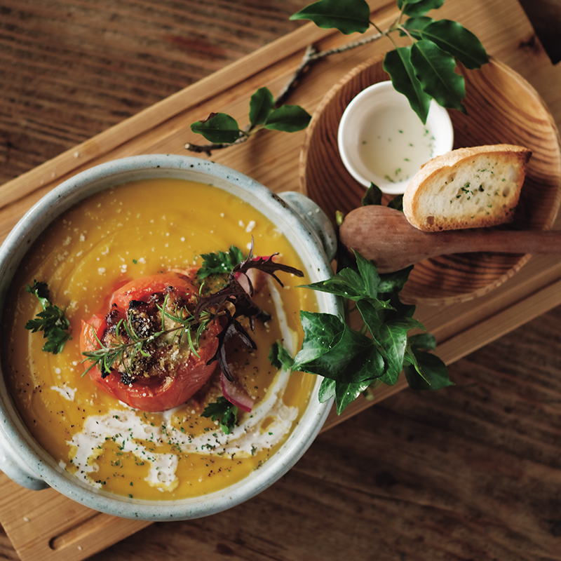 Pumpkin Potage with a Whole Floating Tomato
